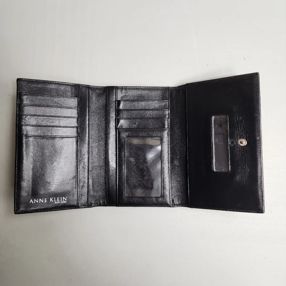 Anne Klein Womens Black Canvas/Vegan Leather Tri-Fold Wallet
